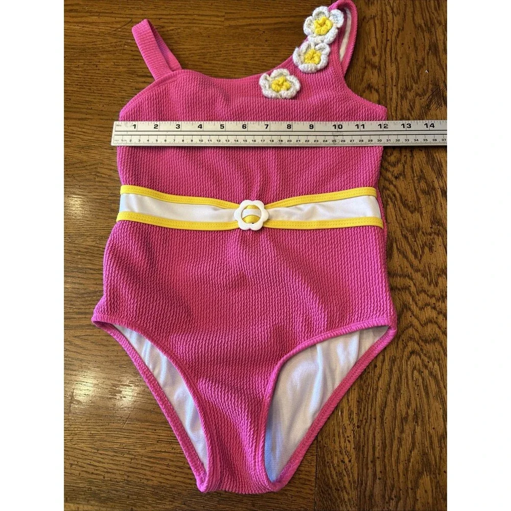 Betsey Johnson Pink Swimsuit Girls Size 10 Textured Crocheted Flowers UPF +50